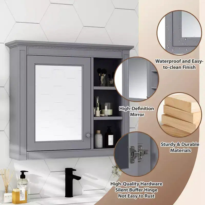 FAMYYT Armoire de toilette rectangulaire à surface de fixation en MDF de 30 po L x 28 po H avec miroir et étagères ouvertes