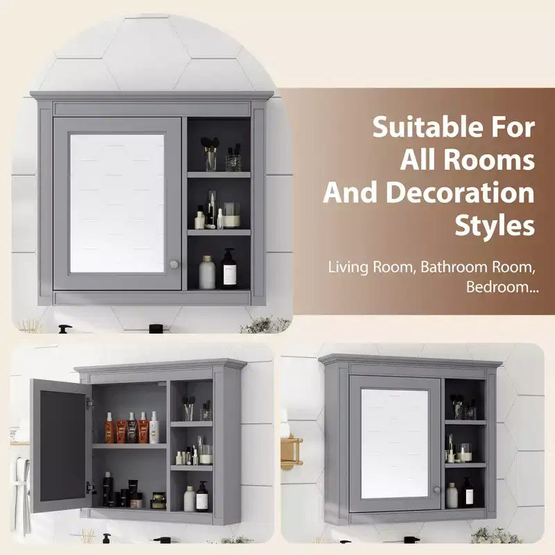 FAMYYT Armoire de toilette rectangulaire à surface de fixation en MDF de 30 po L x 28 po H avec miroir et étagères ouvertes