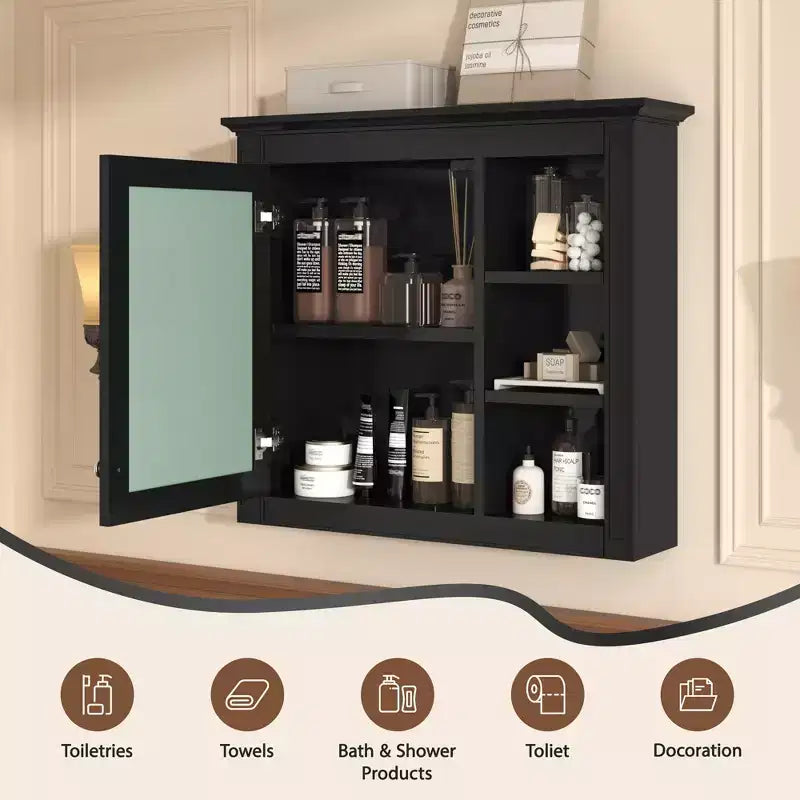 FAMYYT Armoire de toilette rectangulaire à surface de fixation en MDF de 30 po L x 28 po H avec miroir et étagères ouvertes