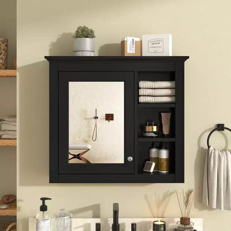 FAMYYT Armoire de toilette rectangulaire à surface de fixation en MDF de 30 po L x 28 po H avec miroir et étagères ouvertes