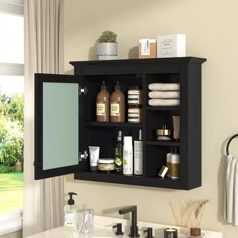 FAMYYT Armoire de toilette rectangulaire à surface de fixation en MDF de 30 po L x 28 po H avec miroir et étagères ouvertes