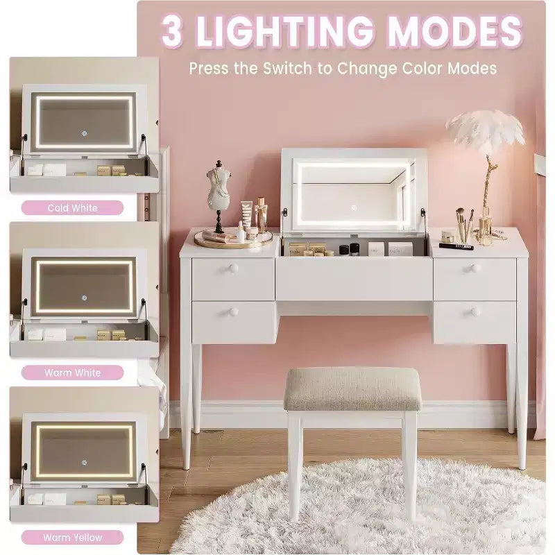 Coiffeuse de Maquillage avec Lumières et Tabouret, Coiffeuse avec Plateau Relevable et Miroir, Coiffeuse avec Meuble Central et 4 Tiroirs 3 Modes d'Éclairage, Doré