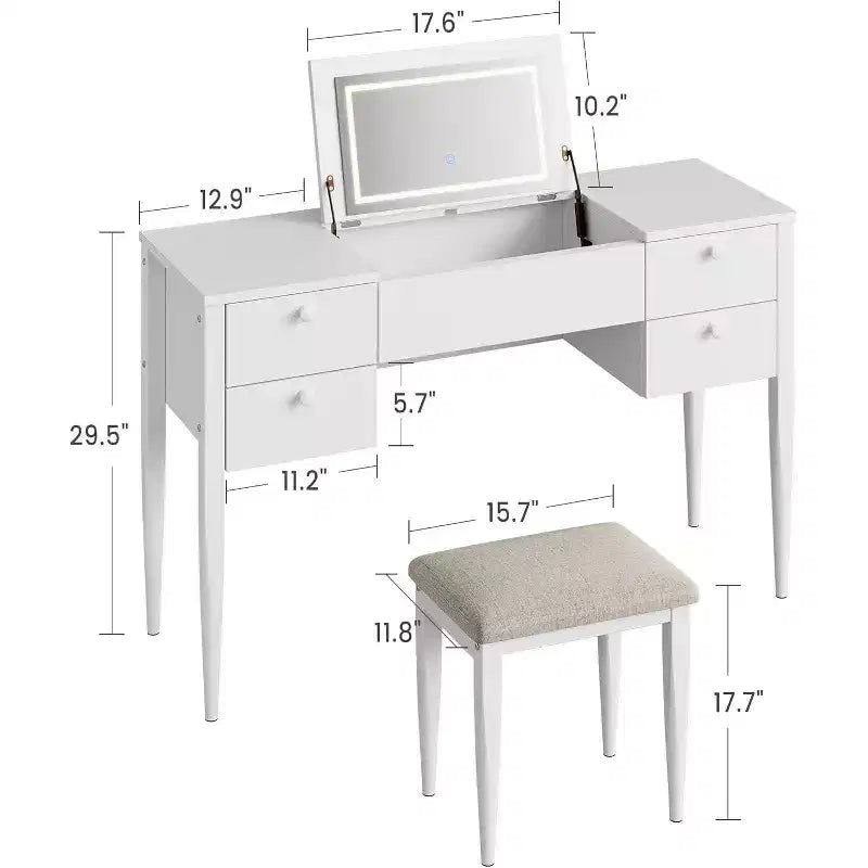 Coiffeuse de Maquillage avec Lumières et Tabouret, Coiffeuse avec Plateau Relevable et Miroir, Coiffeuse avec Meuble Central et 4 Tiroirs 3 Modes d'Éclairage, Doré