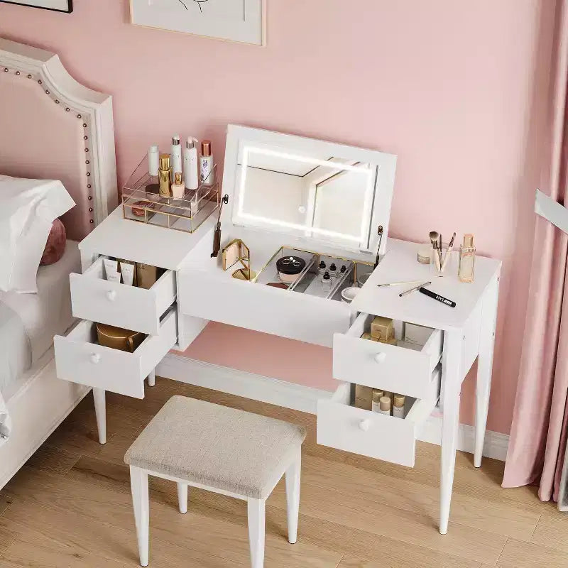 Coiffeuse de Maquillage avec Lumières et Tabouret, Coiffeuse avec Plateau Relevable et Miroir, Coiffeuse avec Meuble Central et 4 Tiroirs 3 Modes d'Éclairage, Doré