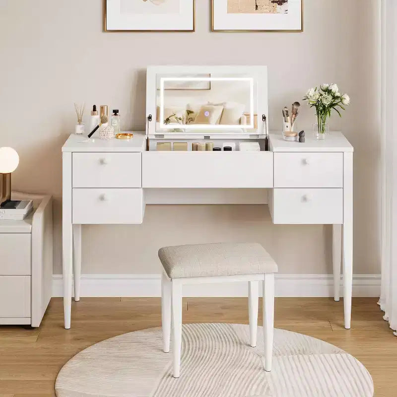 Coiffeuse de Maquillage avec Lumières et Tabouret, Coiffeuse avec Plateau Relevable et Miroir, Coiffeuse avec Meuble Central et 4 Tiroirs 3 Modes d'Éclairage, Doré