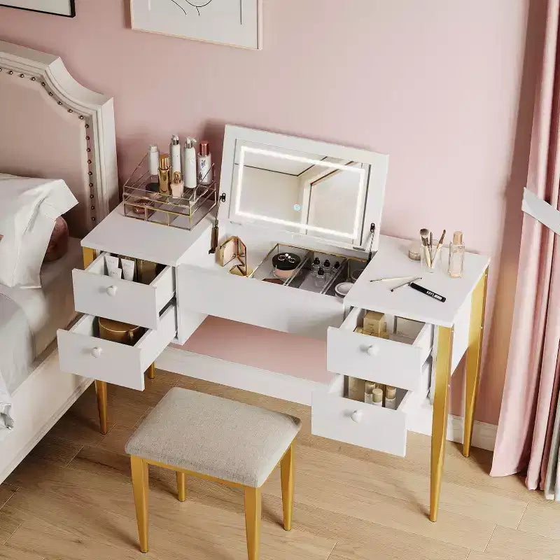 Coiffeuse de Maquillage avec Lumières et Tabouret, Coiffeuse avec Plateau Relevable et Miroir, Coiffeuse avec Meuble Central et 4 Tiroirs 3 Modes d'Éclairage, Doré
