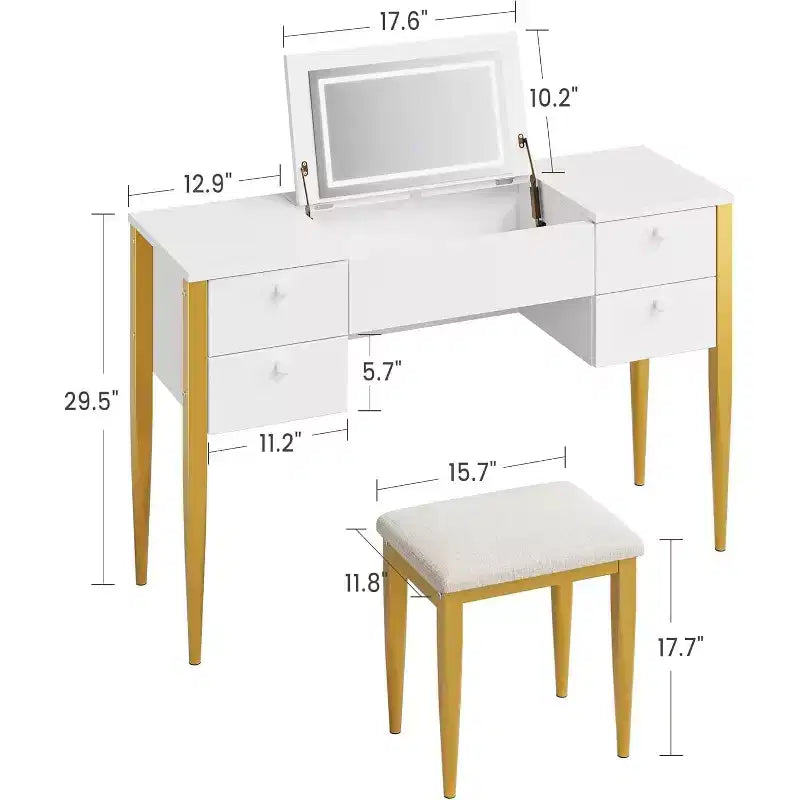 Coiffeuse de Maquillage avec Lumières et Tabouret, Coiffeuse avec Plateau Relevable et Miroir, Coiffeuse avec Meuble Central et 4 Tiroirs 3 Modes d'Éclairage, Doré