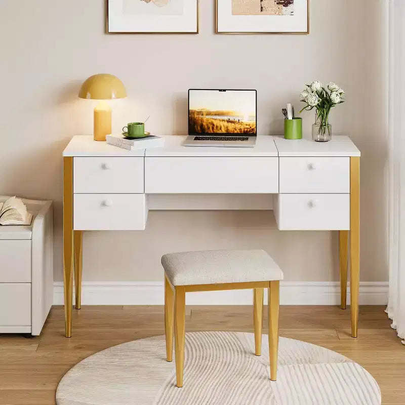 Coiffeuse de Maquillage avec Lumières et Tabouret, Coiffeuse avec Plateau Relevable et Miroir, Coiffeuse avec Meuble Central et 4 Tiroirs 3 Modes d'Éclairage, Doré