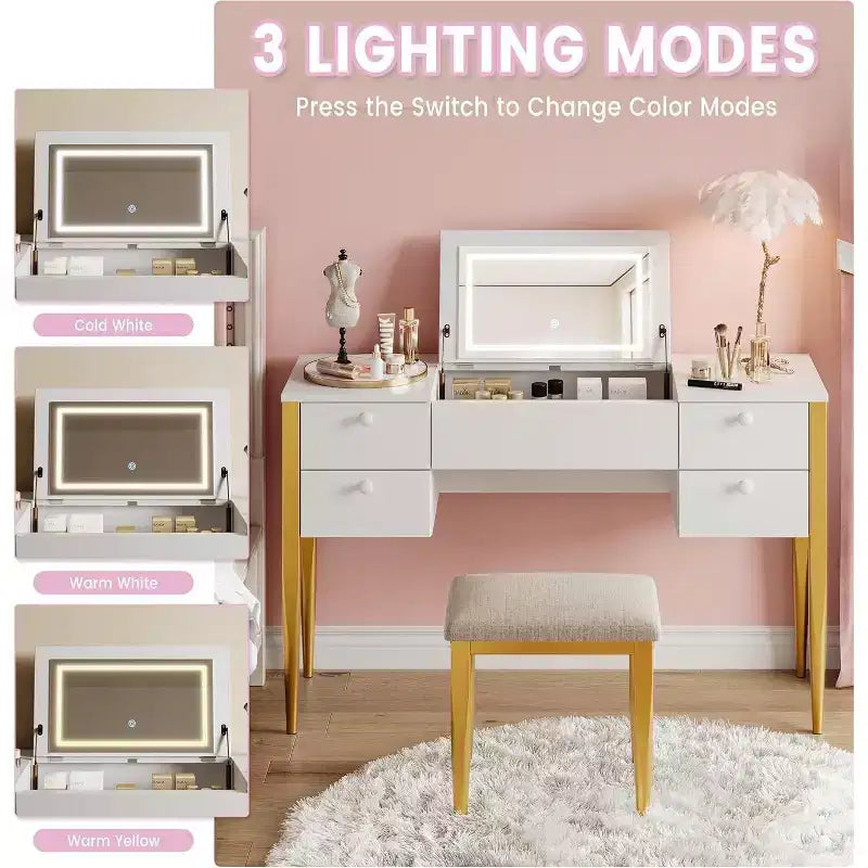 Coiffeuse de Maquillage avec Lumières et Tabouret, Coiffeuse avec Plateau Relevable et Miroir, Coiffeuse avec Meuble Central et 4 Tiroirs 3 Modes d'Éclairage, Doré