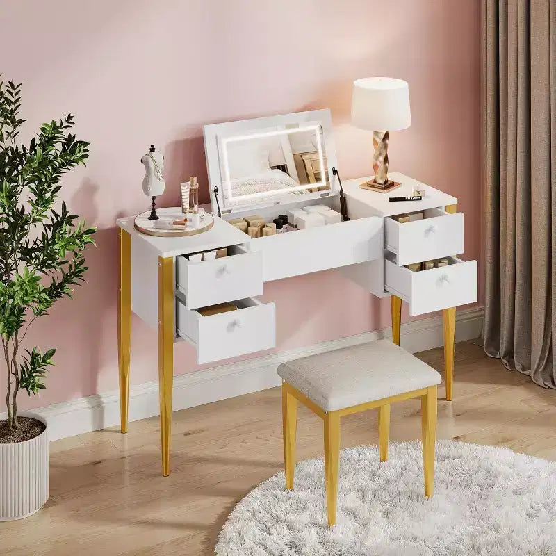 Coiffeuse de Maquillage avec Lumières et Tabouret, Coiffeuse avec Plateau Relevable et Miroir, Coiffeuse avec Meuble Central et 4 Tiroirs 3 Modes d'Éclairage, Doré