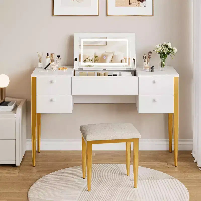 Coiffeuse de Maquillage avec Lumières et Tabouret, Coiffeuse avec Plateau Relevable et Miroir, Coiffeuse avec Meuble Central et 4 Tiroirs 3 Modes d'Éclairage, Doré