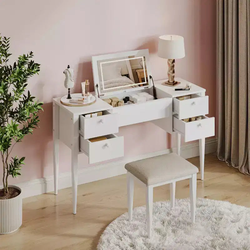Coiffeuse de Maquillage avec Lumières et Tabouret, Coiffeuse avec Plateau Relevable et Miroir, Coiffeuse avec Meuble Central et 4 Tiroirs 3 Modes d'Éclairage, Doré
