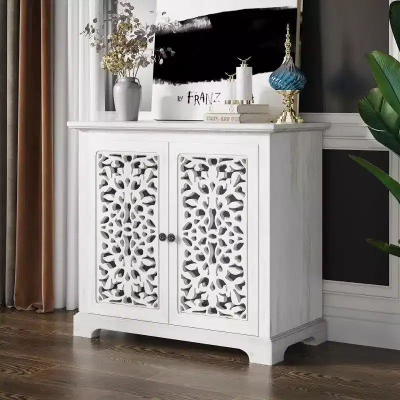 Bahut ancien avec portes sculptées, meuble de rangement d'appoint effet vieilli - Panipeachy