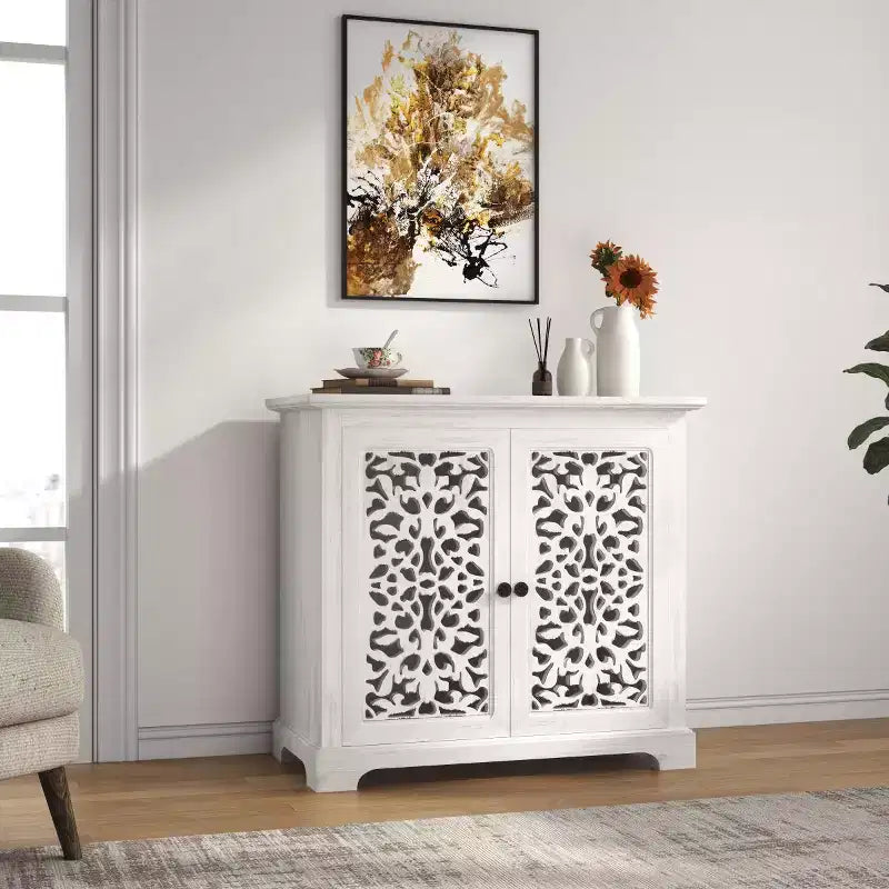 Bahut ancien avec portes sculptées, meuble de rangement d'appoint effet vieilli - Panipeachy
