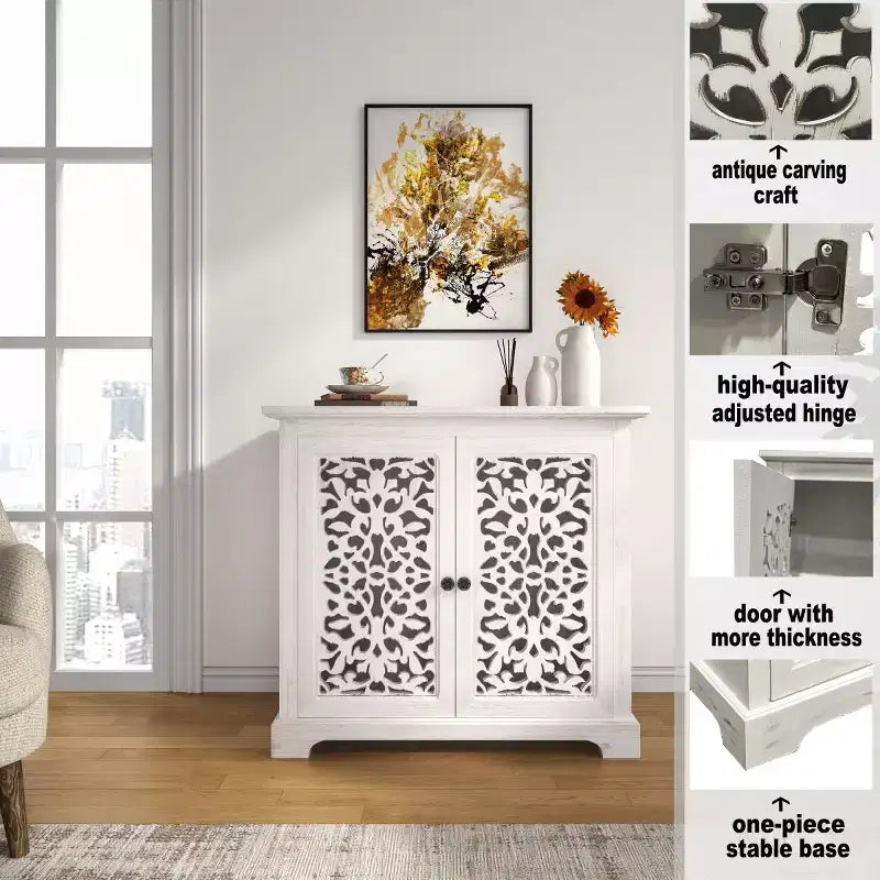 Bahut ancien avec portes sculptées, meuble de rangement d'appoint effet vieilli - Panipeachy