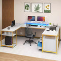 U Shaped Desk With Power Outlets & LED Lights Desk With Drawers Corner Computer Desk Office Desk With Monitor Stand & Storage Shelves White