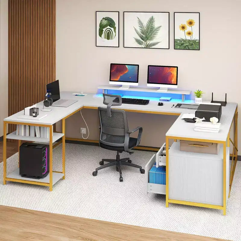 U Shaped Desk With Power Outlets & LED Lights Desk With Drawers Corner Computer Desk Office Desk With Monitor Stand & Storage Shelves White
