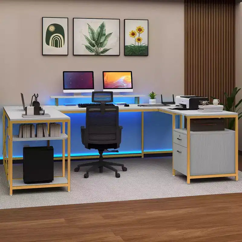 Bureau en U avec prises de courant et lumières LED, bureau avec tiroirs, bureau d'angle pour ordinateur avec support d'écran et étagères de rangement, blanc