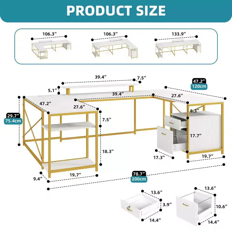 Bureau en U avec prises de courant et lumières LED, bureau avec tiroirs, bureau d'angle pour ordinateur avec support d'écran et étagères de rangement, blanc