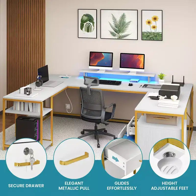 Bureau en U avec prises de courant et lumières LED, bureau avec tiroirs, bureau d'angle pour ordinateur avec support d'écran et étagères de rangement, blanc