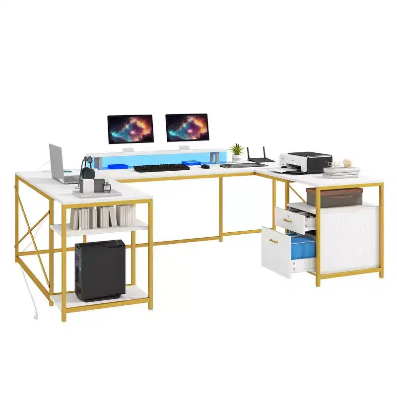 Bureau en U avec prises de courant et lumières LED, bureau avec tiroirs, bureau d'angle pour ordinateur avec support d'écran et étagères de rangement, blanc