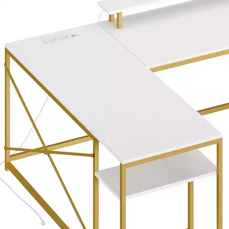 Bureau en U avec prises de courant et lumières LED, bureau avec tiroirs, bureau d'angle pour ordinateur avec support d'écran et étagères de rangement, blanc