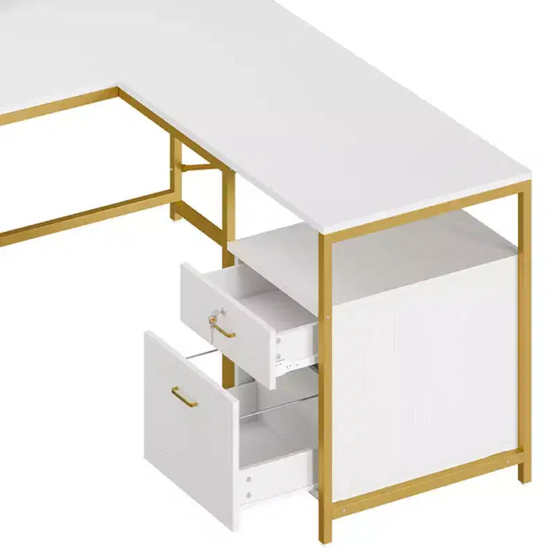 Bureau en U avec prises de courant et lumières LED, bureau avec tiroirs, bureau d'angle pour ordinateur avec support d'écran et étagères de rangement, blanc