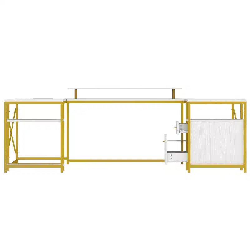 Bureau en U avec prises de courant et lumières LED, bureau avec tiroirs, bureau d'angle pour ordinateur avec support d'écran et étagères de rangement, blanc