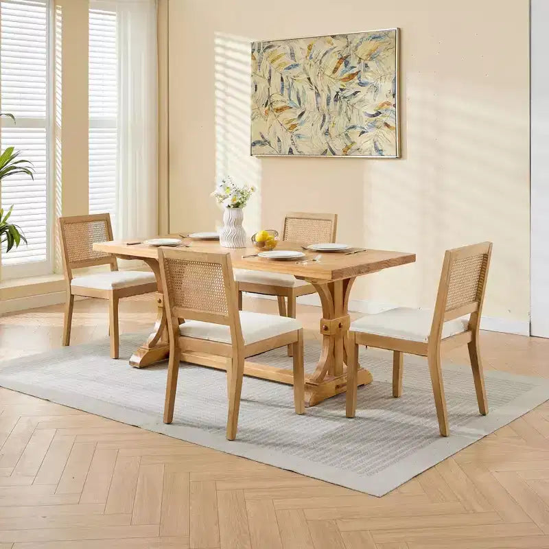 TUYOHW Lot de 2 chaises de salle à manger en rotin de style bohème, chaises d'appoint en lin rembourré doux, chaises de cuisine en bois d'hévéa massif, décoration intérieure