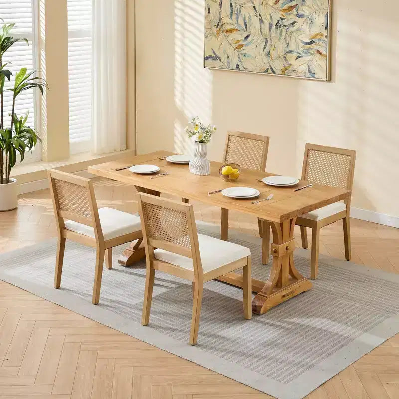 TUYOHW Lot de 2 chaises de salle à manger en rotin de style bohème, chaises d'appoint en lin rembourré doux, chaises de cuisine en bois d'hévéa massif, décoration intérieure