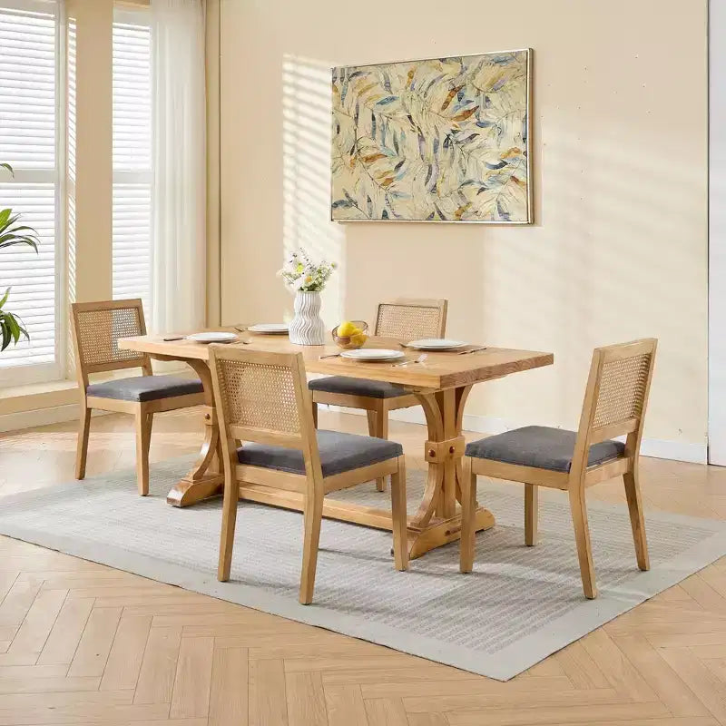 TUYOHW Lot de 2 chaises de salle à manger en rotin de style bohème, chaises d'appoint en lin rembourré doux, chaises de cuisine en bois d'hévéa massif, décoration intérieure