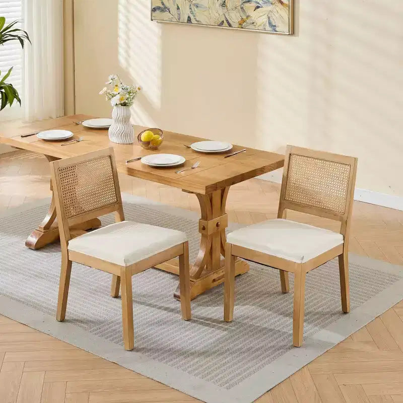 TUYOHW Lot de 2 chaises de salle à manger en rotin de style bohème, chaises d'appoint en lin rembourré doux, chaises de cuisine en bois d'hévéa massif, décoration intérieure