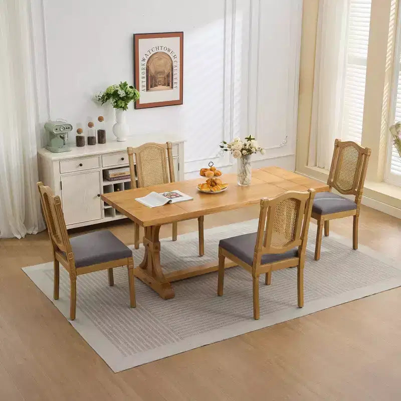 TUYOHW Lot de 2 chaises Louis, chaises d'appoint avec dossier en rotin style français, pieds en bois d'hévéa massif, revêtement en lin doux, capacité de 136 kg