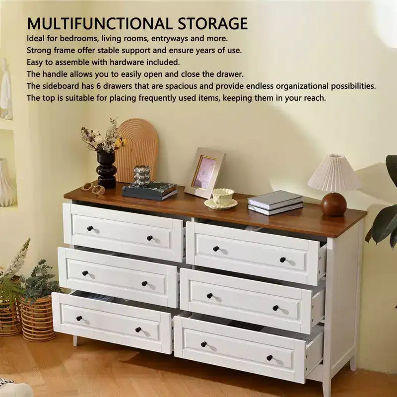 Commode AEELLEEA 6 tiroirs, meuble de rangement pour chambre, salon, couloir, entrée, blanc