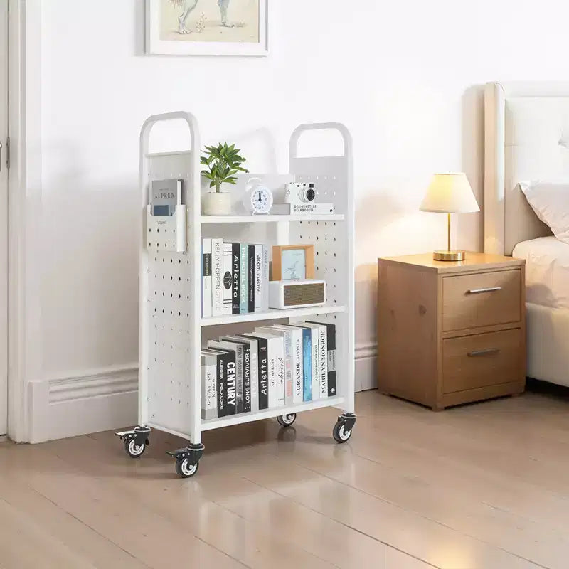Chariot de bibliothèque roulant VEVOR, capacité de 150 kg, chariot de bibliothèque de 77 x 38 x 122 cm, étagères unilatérales en forme de L avec roues verrouillables de 7,6 cm, blanc