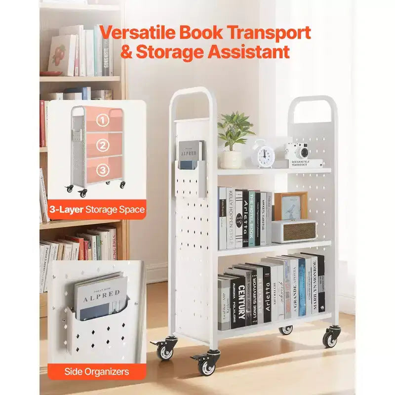 Chariot de bibliothèque roulant VEVOR, capacité de 150 kg, chariot de bibliothèque de 77 x 38 x 122 cm, étagères unilatérales en forme de L avec roues verrouillables de 7,6 cm, blanc