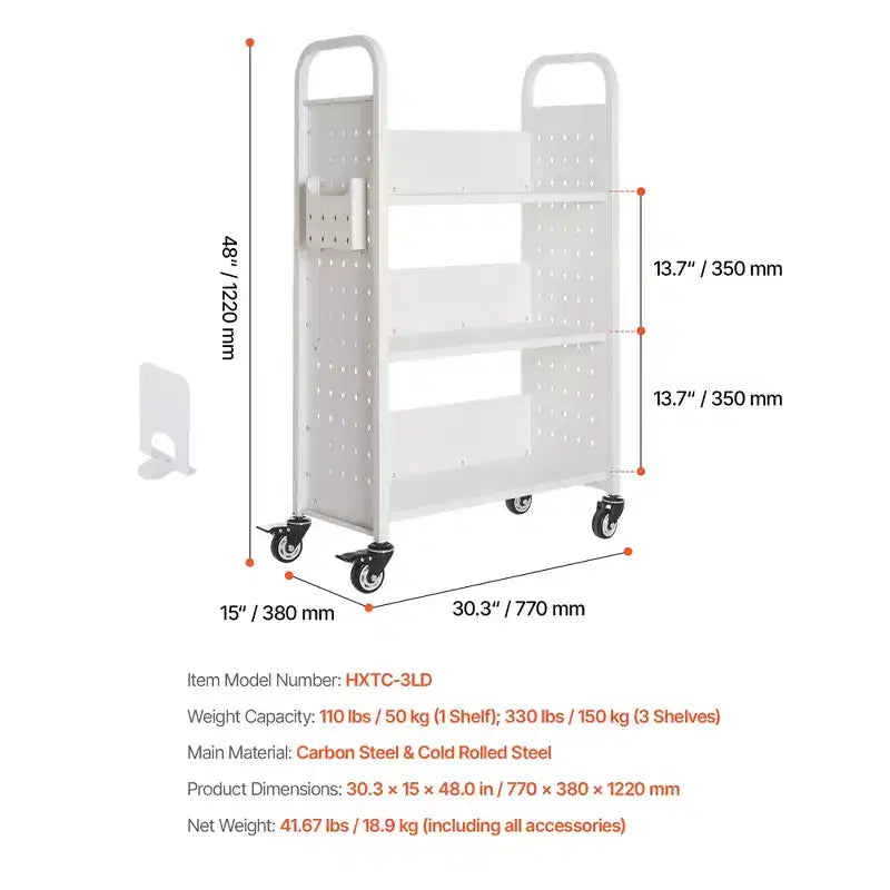 Chariot de bibliothèque roulant VEVOR, capacité de 150 kg, chariot de bibliothèque de 77 x 38 x 122 cm, étagères unilatérales en forme de L avec roues verrouillables de 7,6 cm, blanc