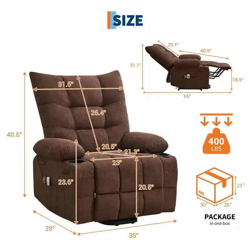 Fauteuil inclinable releveur électrique pour personnes âgées – Fauteuil inclinable de massage et chauffant avec aide au lever à 45°, canapé de salon, fauteuil à bascule pivotant avec porte-gobelets