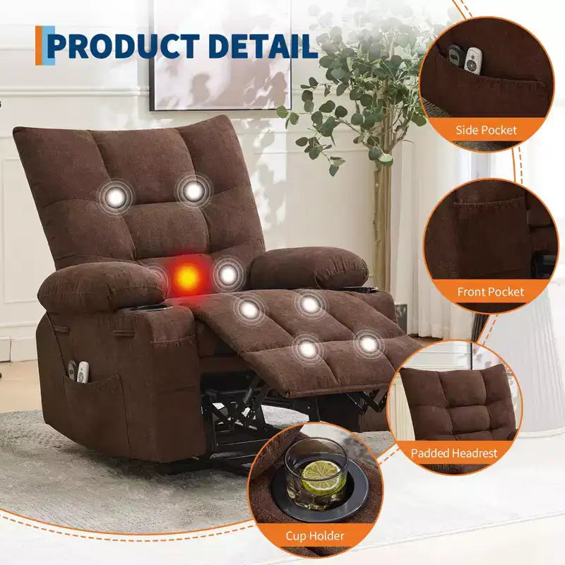 Fauteuil inclinable releveur électrique pour personnes âgées – Fauteuil inclinable de massage et chauffant avec aide au lever à 45°, canapé de salon, fauteuil à bascule pivotant avec porte-gobelets