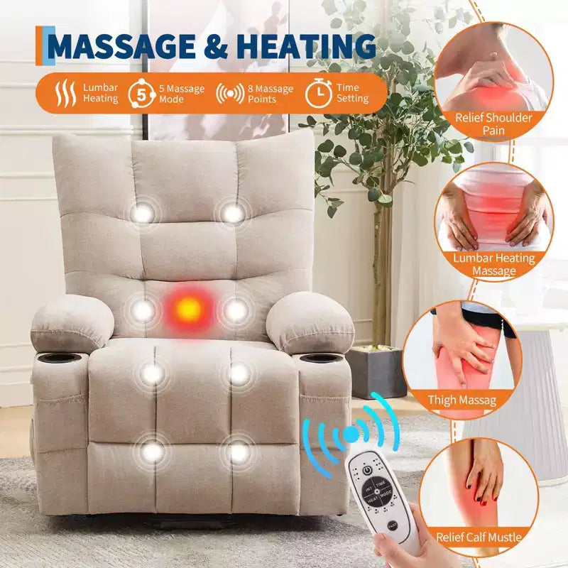 Fauteuil inclinable releveur électrique pour personnes âgées – Fauteuil inclinable de massage et chauffant avec aide au lever à 45°, canapé de salon, fauteuil à bascule pivotant avec porte-gobelets