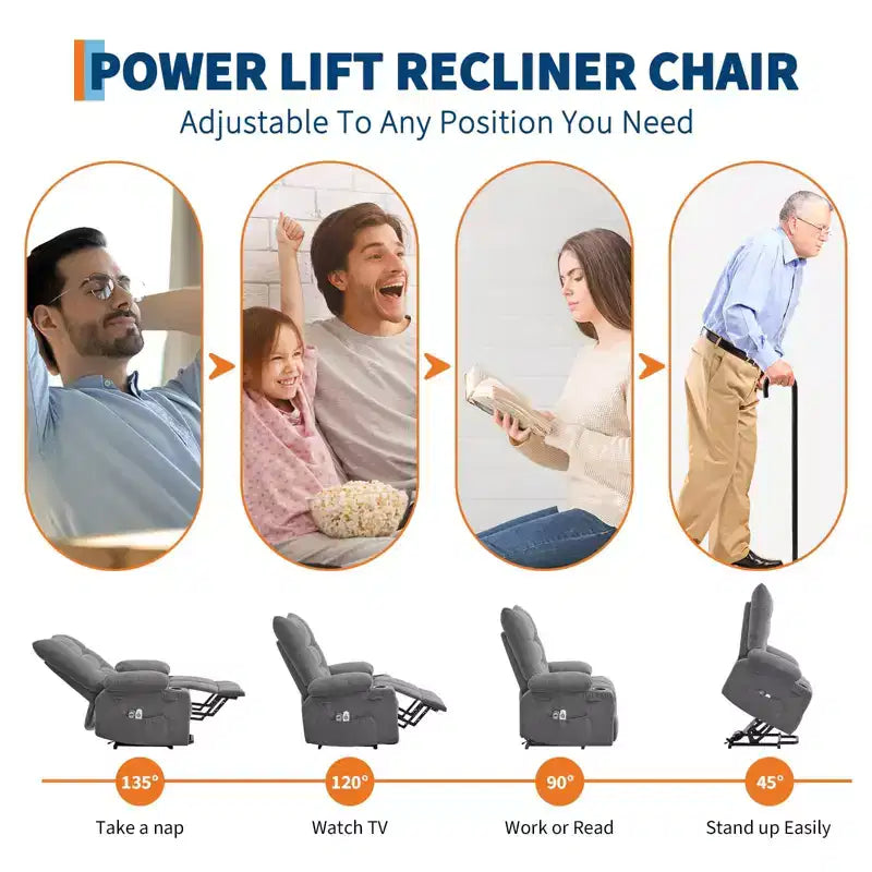 Fauteuil inclinable releveur électrique pour personnes âgées – Fauteuil inclinable de massage et chauffant avec aide au lever à 45°, canapé de salon, fauteuil à bascule pivotant avec porte-gobelets