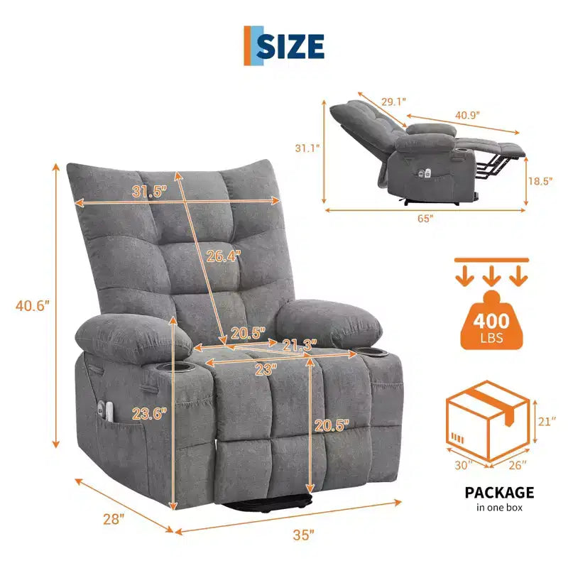Fauteuil inclinable releveur électrique pour personnes âgées – Fauteuil inclinable de massage et chauffant avec aide au lever à 45°, canapé de salon, fauteuil à bascule pivotant avec porte-gobelets