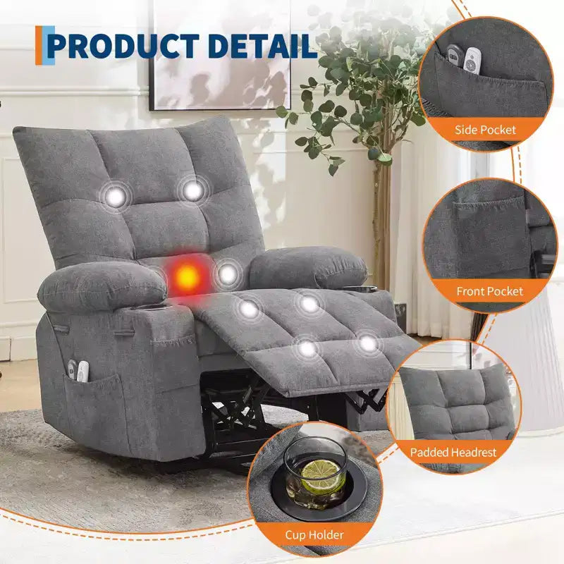Fauteuil inclinable releveur électrique pour personnes âgées – Fauteuil inclinable de massage et chauffant avec aide au lever à 45°, canapé de salon, fauteuil à bascule pivotant avec porte-gobelets