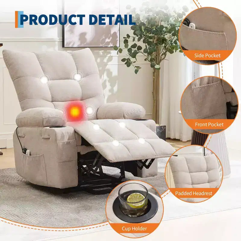 Fauteuil inclinable releveur électrique pour personnes âgées – Fauteuil inclinable de massage et chauffant avec aide au lever à 45°, canapé de salon, fauteuil à bascule pivotant avec porte-gobelets