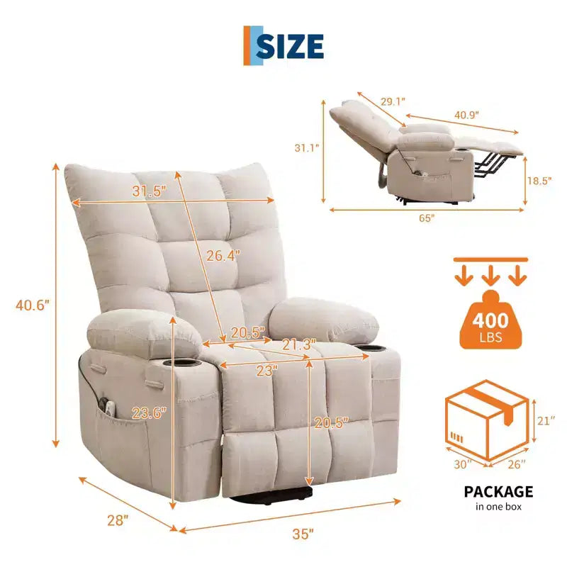 Fauteuil inclinable releveur électrique pour personnes âgées – Fauteuil inclinable de massage et chauffant avec aide au lever à 45°, canapé de salon, fauteuil à bascule pivotant avec porte-gobelets