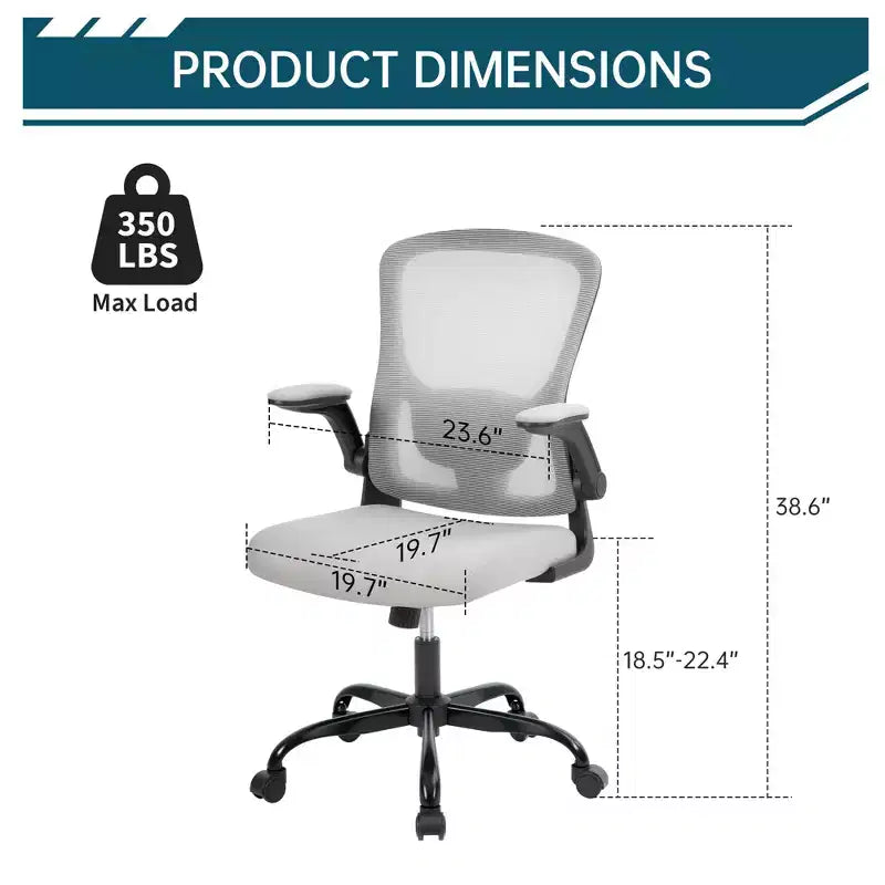 Chaise de bureau en maille avec support lombaire réglable, accoudoirs relevables, chaise de travail roulante, chaise d'ordinateur confortable grise
