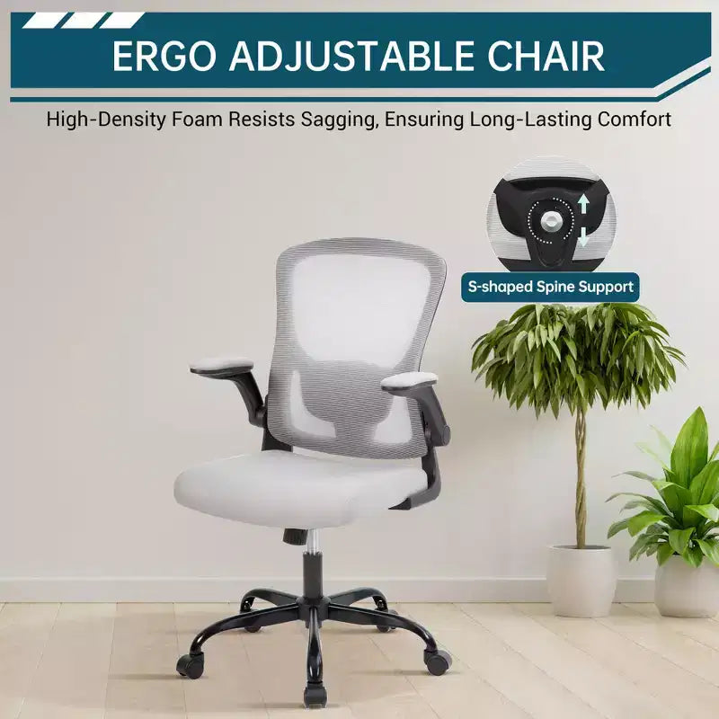 Chaise de bureau en maille avec support lombaire réglable, accoudoirs relevables, chaise de travail roulante, chaise d'ordinateur confortable grise