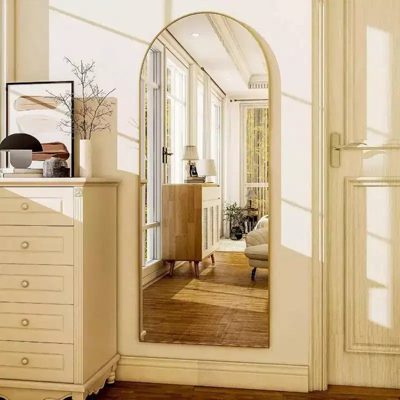 Miroir de 56 po x 21 po pleine longueur en forme d'arche avec cadre en alliage d'aluminium doré, autoportant ou mural, grand miroir de chambre à coucher