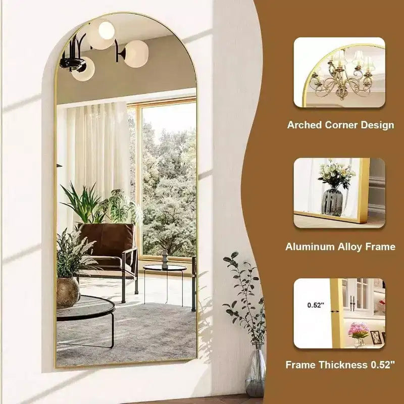 Miroir de 56 po x 21 po pleine longueur en forme d'arche avec cadre en alliage d'aluminium doré, autoportant ou mural, grand miroir de chambre à coucher