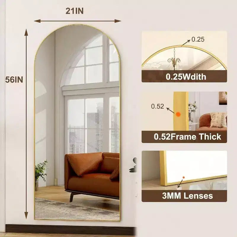 Miroir de 56 po x 21 po pleine longueur en forme d'arche avec cadre en alliage d'aluminium doré, autoportant ou mural, grand miroir de chambre à coucher